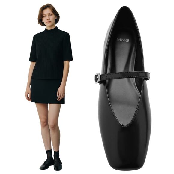 Mango Jewel Strap Glossy Mary Jane Ballet Flats Black Women Size 39/ 8.5 - Picture 3 of 13